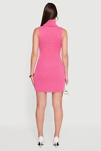Womens Turtle Neck Eyelash Knit Mini Dress, Pink, Size XL