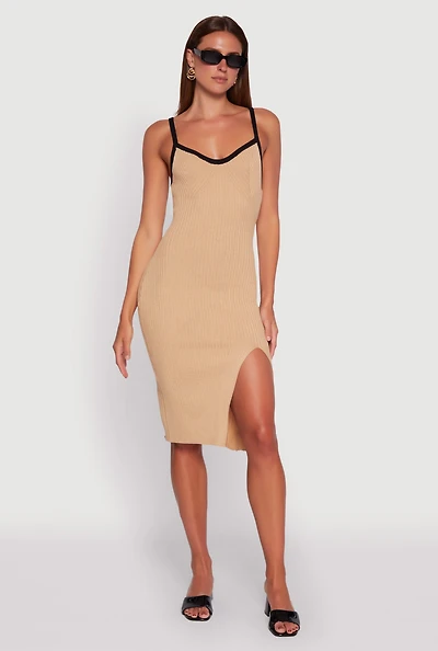 Womens Contrast Trim Front Slit Cami Dress,