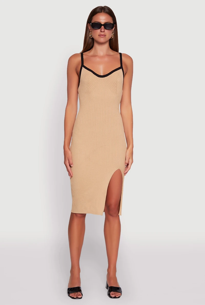 Contrast Trim Front Slit Cami Dress