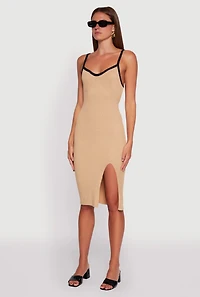 Womens Contrast Trim Front Slit Cami Dress, Beige, Size XL