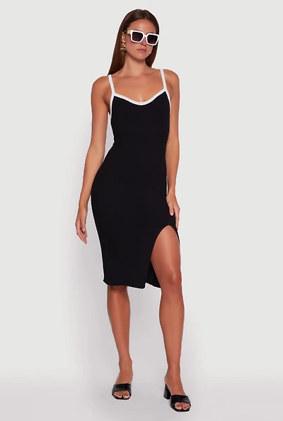 Womens Contrast Trim Front Slit Cami Dress,