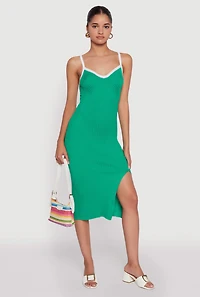 Womens Contrast Trim Front Slit Cami Dress, Green, Size S