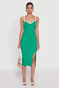 Womens Contrast Trim Front Slit Cami Dress, Green, Size XL