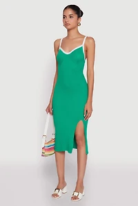 Womens Contrast Trim Front Slit Cami Dress, Green, Size S
