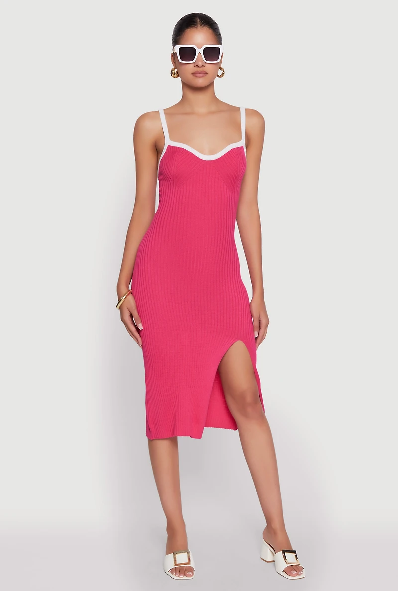 Womens Contrast Trim Front Slit Cami Dress, Pink, Size L