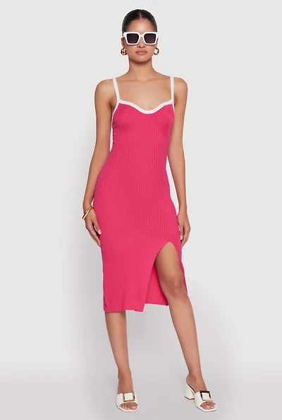 Womens Contrast Trim Front Slit Cami Dress, Pink, Size L