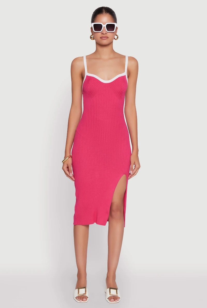 Womens Contrast Trim Front Slit Cami Dress, Pink, Size L