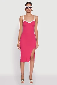 Womens Contrast Trim Front Slit Cami Dress, Pink, Size L
