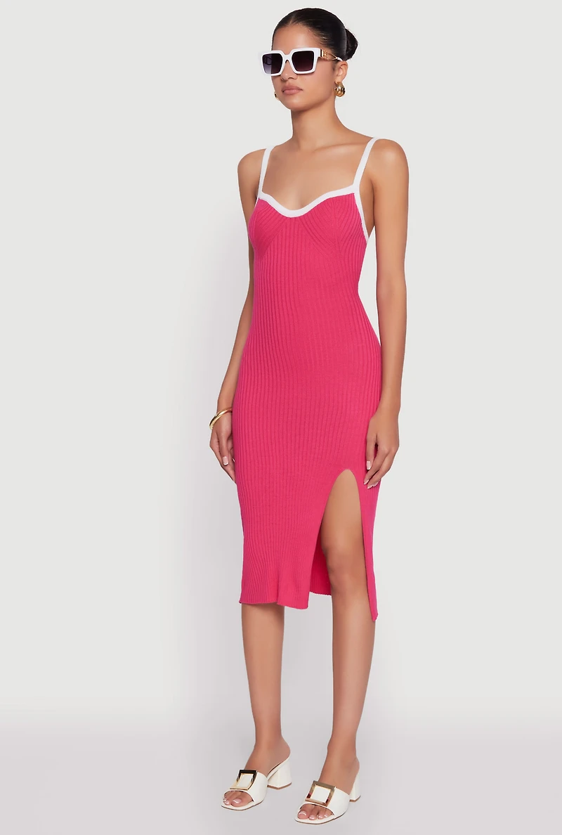 Womens Contrast Trim Front Slit Cami Dress, Pink, Size L
