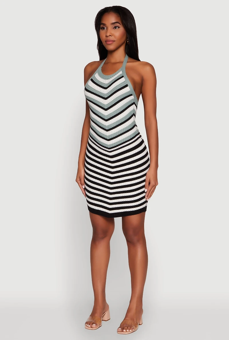 Trendy Crochet Chevron Halter Bodycon Dress