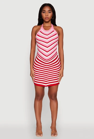 Womens Trendy Crochet Chevron Halter Bodycon Dress, Red, Size S
