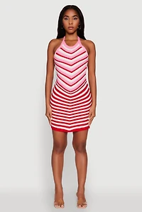 Womens Trendy Crochet Chevron Halter Bodycon Dress, Red, Size S