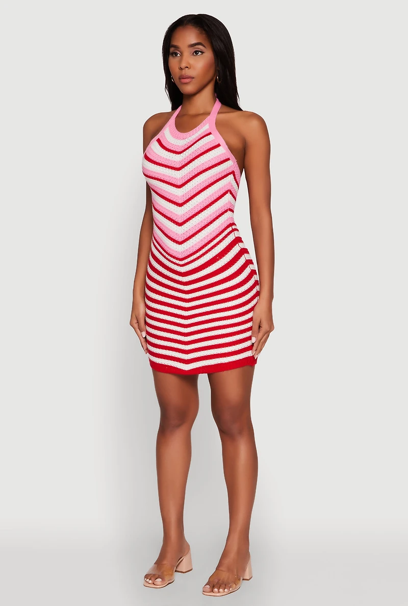 Womens Trendy Crochet Chevron Halter Bodycon Dress, Red, Size S