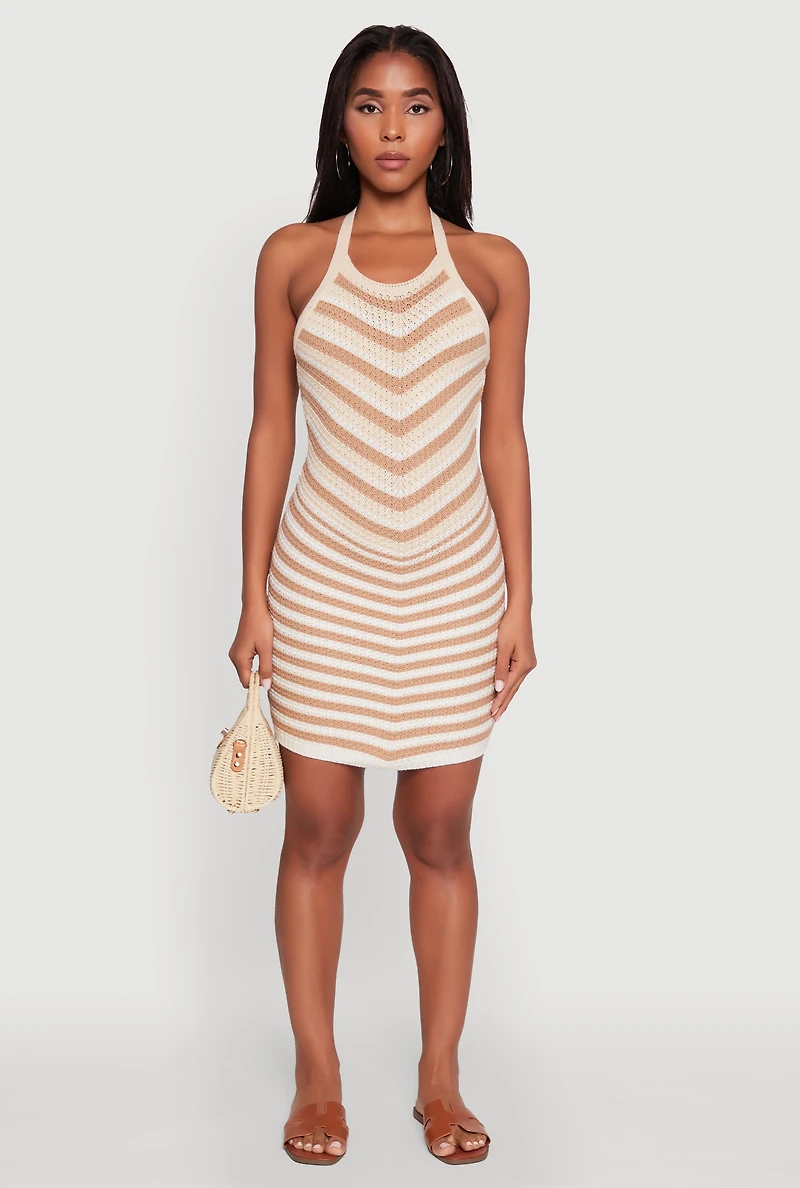 Womens Trendy Crochet Chevron Halter Bodycon Dress, Beige, Size S