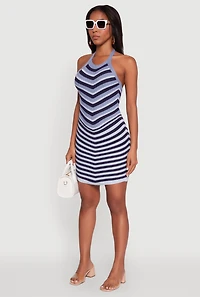 Womens Trendy Crochet Chevron Halter Bodycon Dress, Blue, Size L