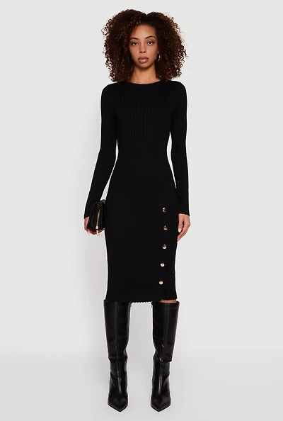 Womens Ribbed Knit Midi Sweater Dress with Side Buttons,
