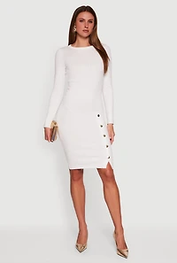 Ribbed Knit Midi Sweater Dress with Side Buttons