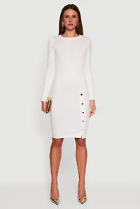 Ribbed Knit Midi Sweater Dress with Side Buttons