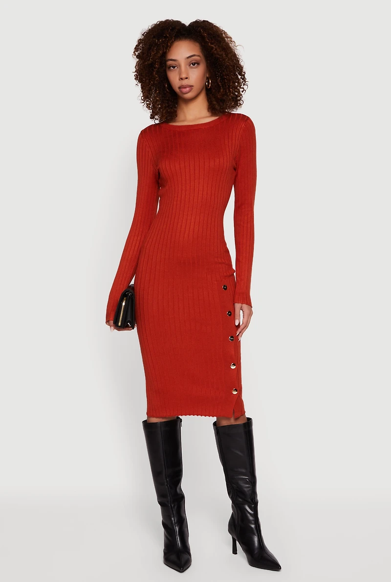 Ribbed Knit Midi Sweater Dress with Side Buttons