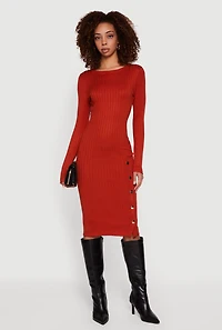 Ribbed Knit Midi Sweater Dress with Side Buttons