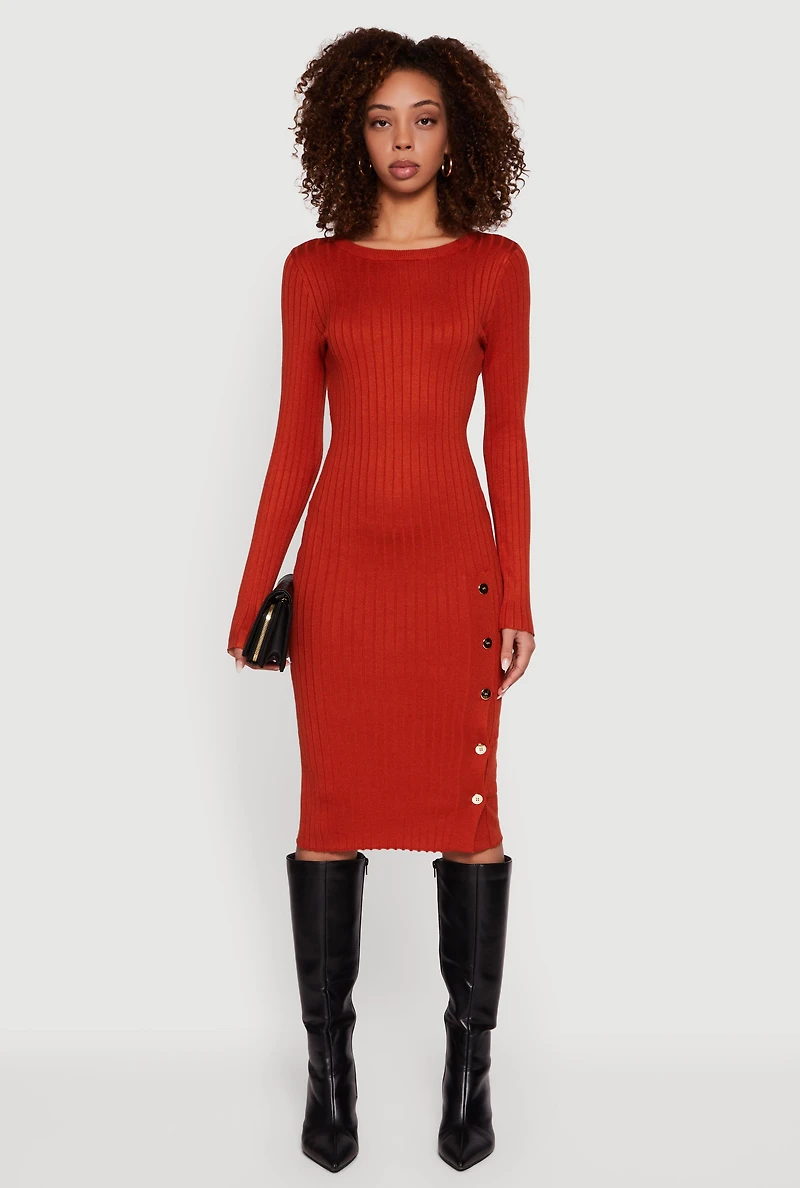 Ribbed Knit Midi Sweater Dress with Side Buttons