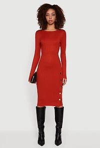 Ribbed Knit Midi Sweater Dress with Side Buttons