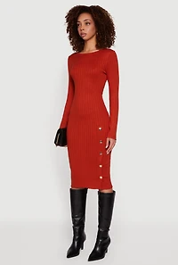 Ribbed Knit Midi Sweater Dress with Side Buttons