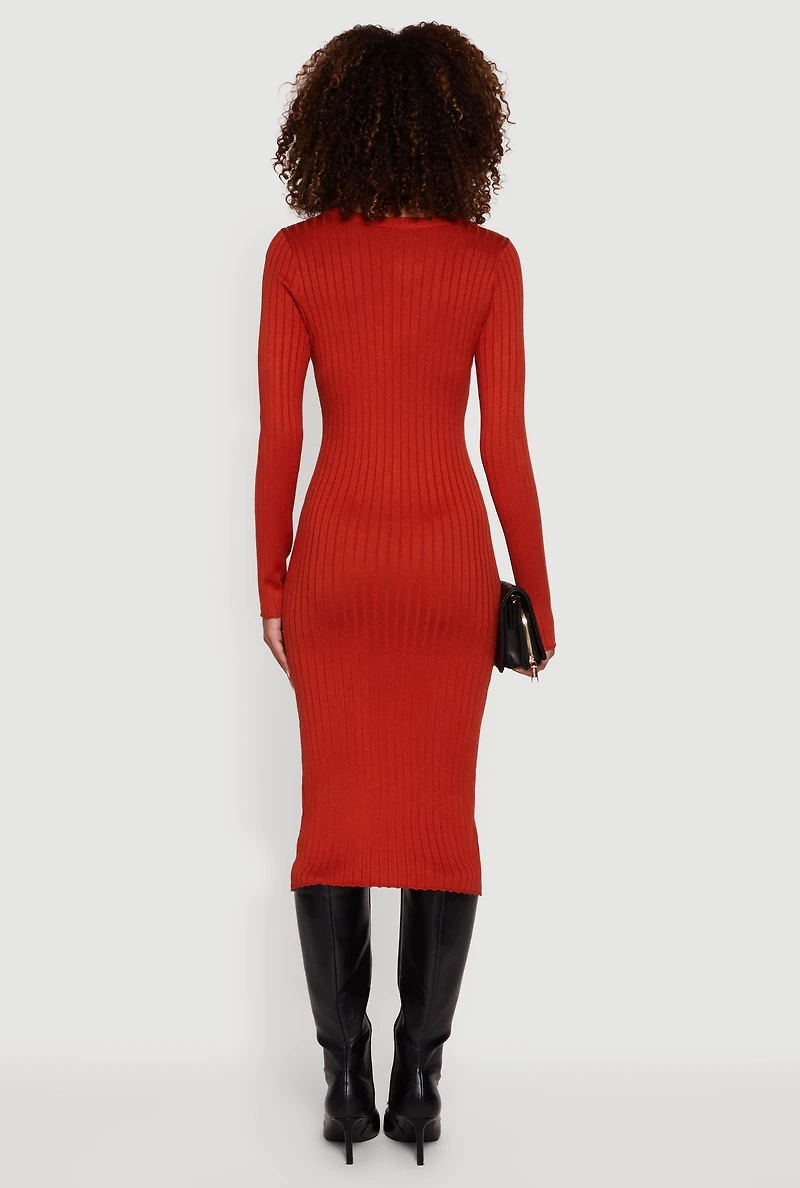 Ribbed Knit Midi Sweater Dress with Side Buttons