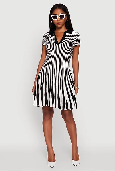 Womens Trendy Striped Short Sleeve Polo Skater Dress, Multi, Size XL