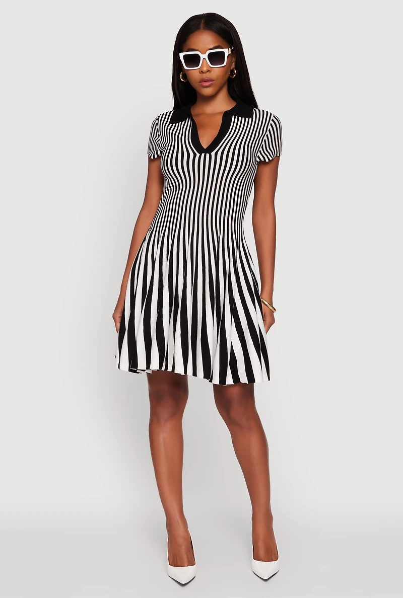 Womens Trendy Striped Short Sleeve Polo Skater Dress, Multi, Size L