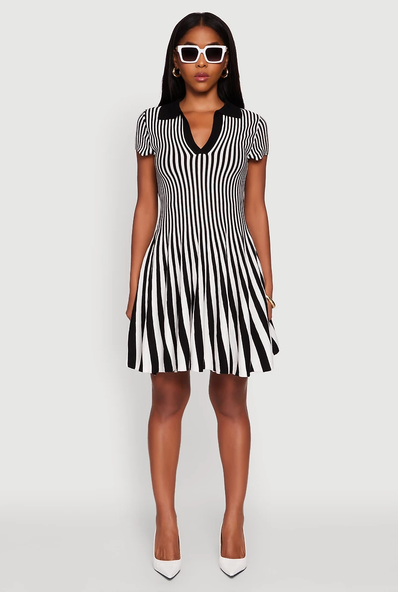 Womens Trendy Striped Short Sleeve Polo Skater Dress, Multi, Size L