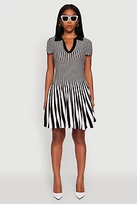 Womens Trendy Striped Short Sleeve Polo Skater Dress, Multi, Size L