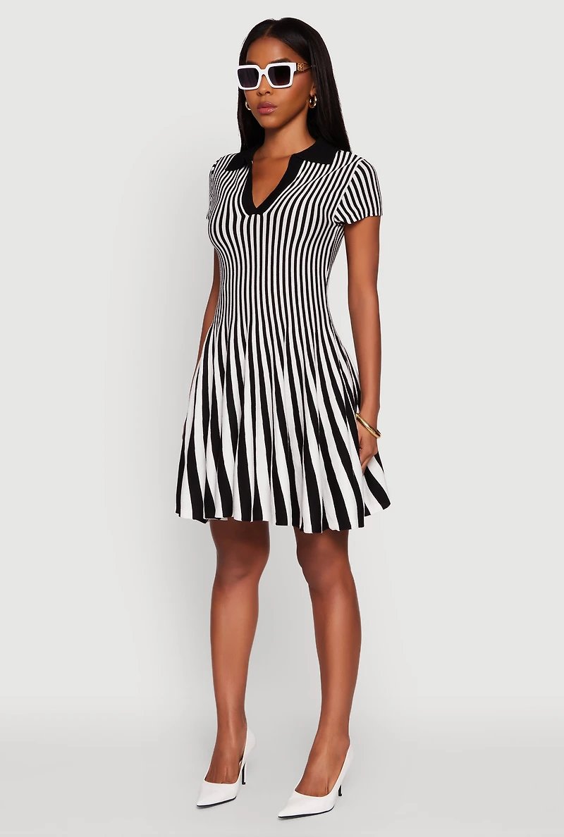 Womens Trendy Striped Short Sleeve Polo Skater Dress, Multi, Size L