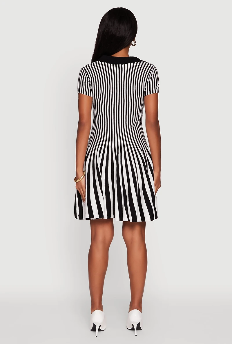 Womens Trendy Striped Short Sleeve Polo Skater Dress, Multi, Size L