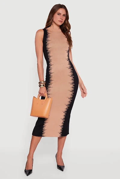 Womens Sleeveless Mock Neck Bodycon Sweater Dress with Back Slit, Beige, Size S