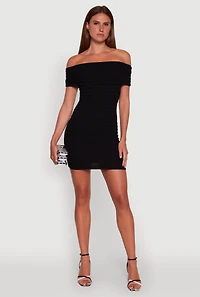 Womens Rib Knit Fold Over Off the Shoulder Mini Dress,