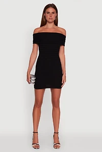 Womens Rib Knit Fold Over Off the Shoulder Mini Dress,