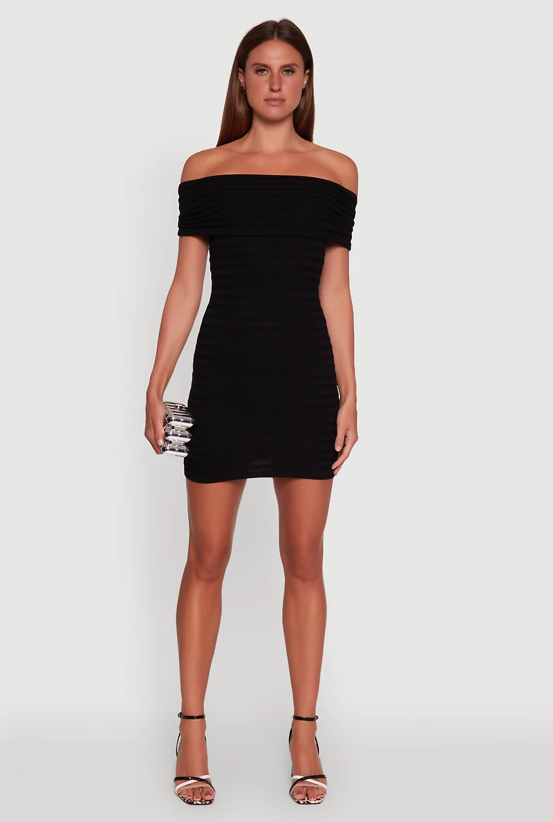 Womens Rib Knit Fold Over Off the Shoulder Mini Dress, Black, Size S