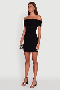 Womens Rib Knit Fold Over Off the Shoulder Mini Dress,