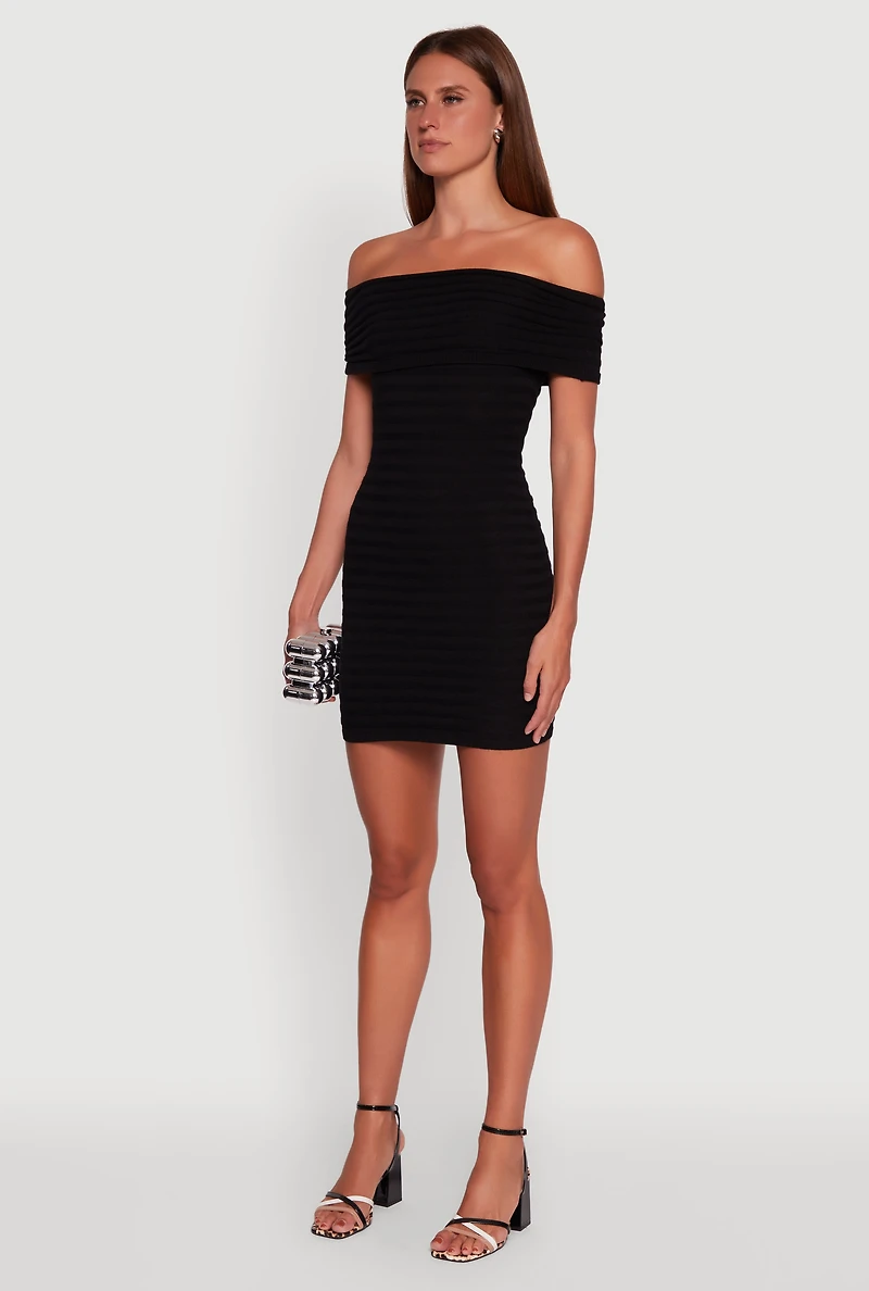 Womens Rib Knit Fold Over Off the Shoulder Mini Dress, Black, Size S