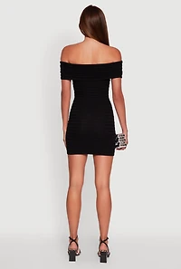 Womens Rib Knit Fold Over Off the Shoulder Mini Dress, Black, Size S