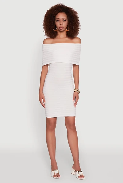 Womens Rib Knit Fold Over Off the Shoulder Mini Dress, White,
