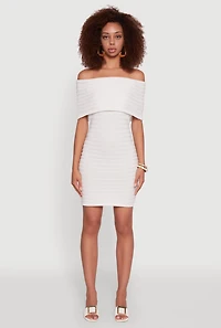 Womens Rib Knit Fold Over Off the Shoulder Mini Dress, White,