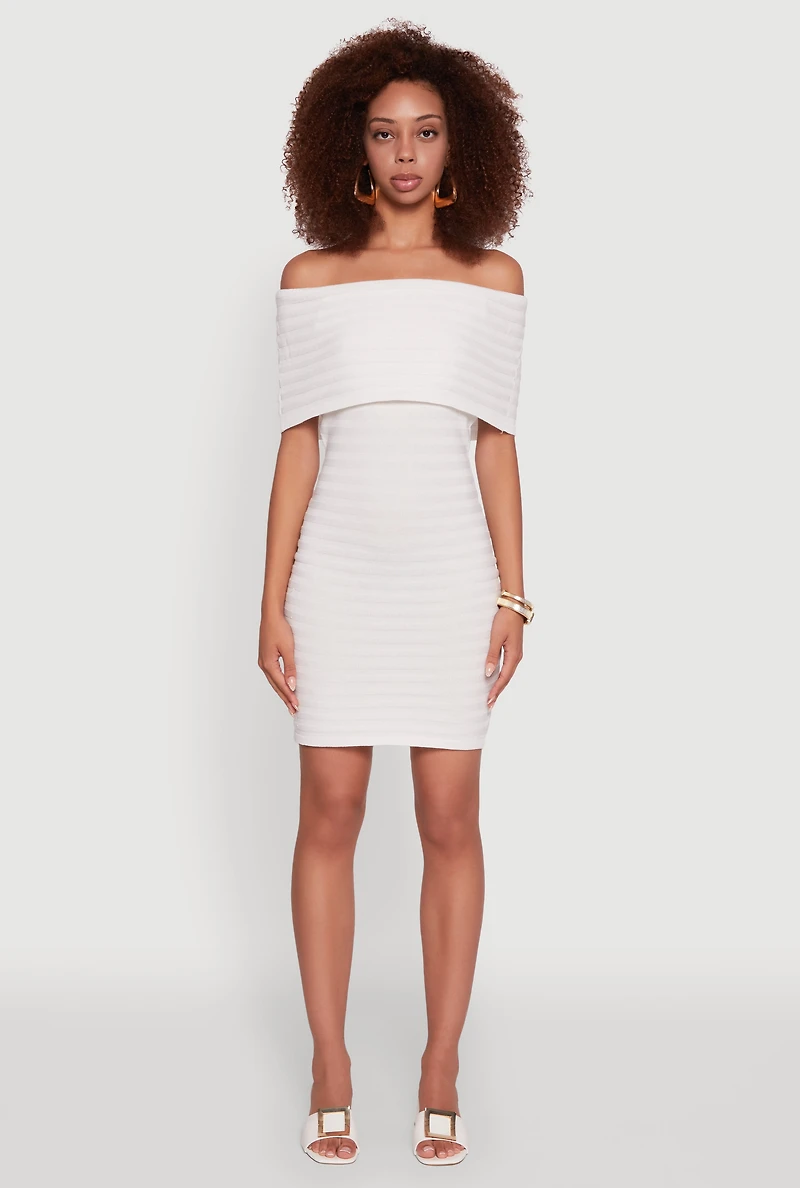 Womens Rib Knit Fold Over Off the Shoulder Mini Dress, White,