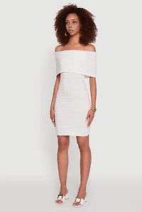 Womens Rib Knit Fold Over Off the Shoulder Mini Dress, White,
