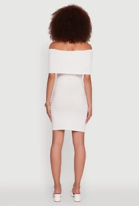 Womens Rib Knit Fold Over Off the Shoulder Mini Dress, White,