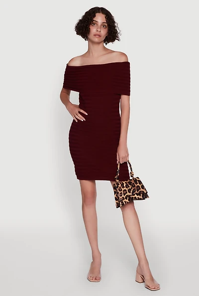 Womens Rib Knit Fold Over Off the Shoulder Mini Dress,