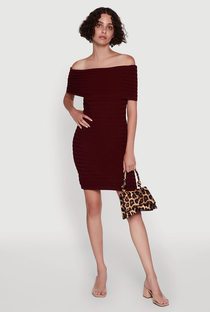 Womens Rib Knit Fold Over Off the Shoulder Mini Dress, Burgundy, Size M