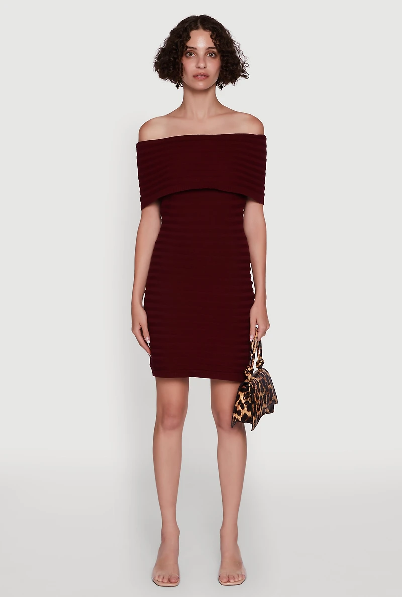 Womens Rib Knit Fold Over Off the Shoulder Mini Dress, Burgundy, Size M