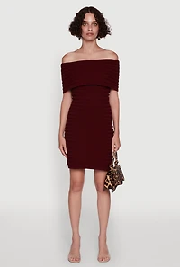 Womens Rib Knit Fold Over Off the Shoulder Mini Dress, Burgundy, Size M